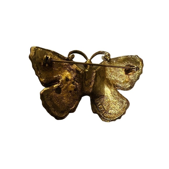 Vintage signed LIA Purple and Green Enamel Butterfly Gold Tone Pin Brooch - Picture 3 of 3